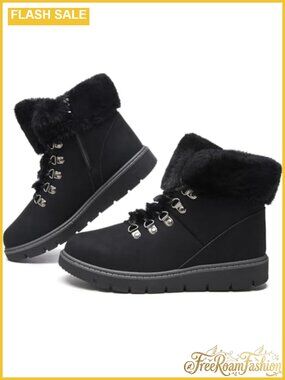 Faux Leather Fuzzy Ankle Snow Boots Lace-Up Waterproof Winter